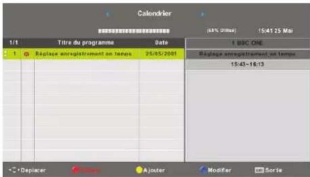 Calendrier (83% Utilie) 15:41:25 Mai 1/1 Titre du programme Date 1 B9C ONE 1 Réplage enregistrement en temps 25/05/2001 Réplage enregistrement en temps 15:43-18:13 • Deplacer Ajouter Modifier Sorte