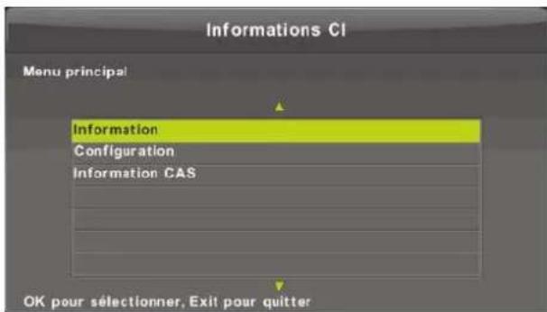 Informations CI Menu principal Information Configuration Information CAS OK pour sélectionner, Exit pour quitter