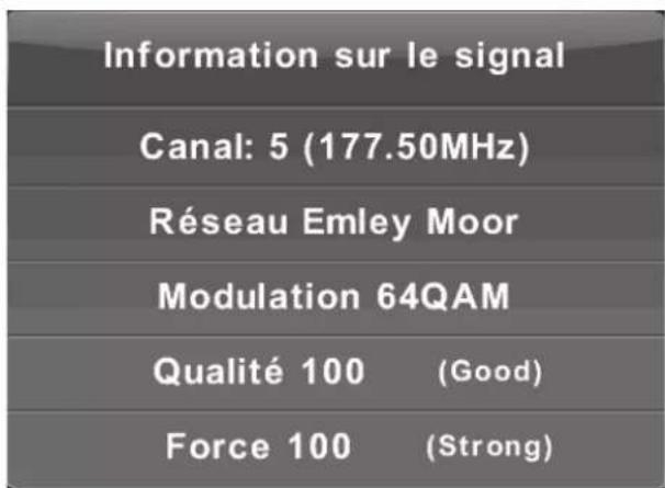 Information sur le signal Canal: 5 (177.50MHz) Réseau Emley Moor Modulation 64QAM Qualité 100 (Good) Force 100 (Strong)