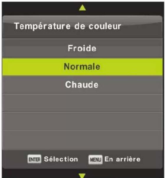Température de couleur Froide Normale Chaude ENTER Sélection MENU En arrière