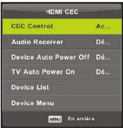 HDMI CEC CEC Control Ac... Audio Receiver Dé... Device Auto Power Off Dé... TV Auto Power On Dé... Device List Device Menu MENU En arrière