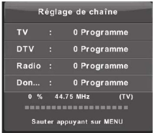 Réglage de chaîne TV : 0 Programme DTV : 0 Programme Radio : 0 Programme Don... : 0 Programme 0 % 44.75 MHz (TV) Sauter appuyant sur MENU