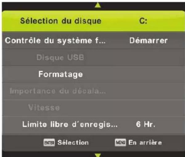 Sélection du disque C: Contrôle du système f... Démarrer Disque USB Formatage Importance du décala... Vitesse Limite libre d'enregis... 6 Hr. ENTER Sélection MENU En arrière
