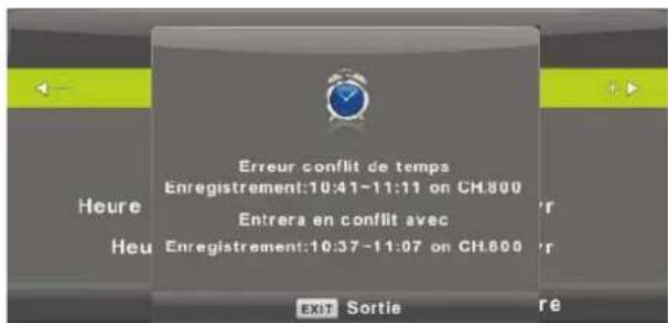 Erreur conflit de temps Enregistrement:10:41-11:11 on CH.800 Entrera en conflit avec Enregistrement:10:37-11:07 on CH.800 EXIT Sortie