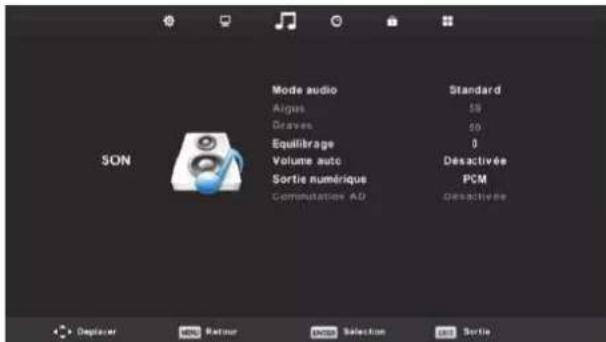 SON Mode audio Standard Aigus 59 Draves 50 Equilibrage 0 Volume auto Desactivée Sortie numérique PCM Computation AD Desactivée