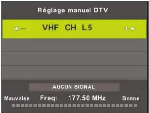 Réglage manuel DTV VHF CH L5 AUCUN SIGNAL Mauvaise Freq: 177.50 MHz Bonne