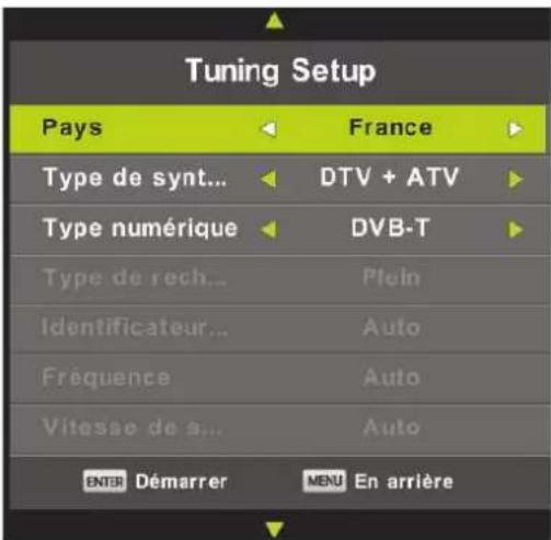 Tuning Setup Pays France Type de synt... DTV + ATV Type numérique DVB-T Type de rech... Plein Identificateur... Auto Fréquence Auto Vitesse de s... Auto ENTER Démarrer MENU En arrière