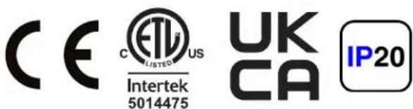 CE C ETU US LISTED Intertek 5014475 UK CA IP20