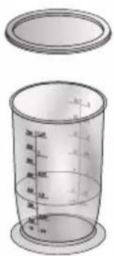 Diagram of a graduated cylinder with measurement markings and an open lid, showing liquid levels at 100 mL.
