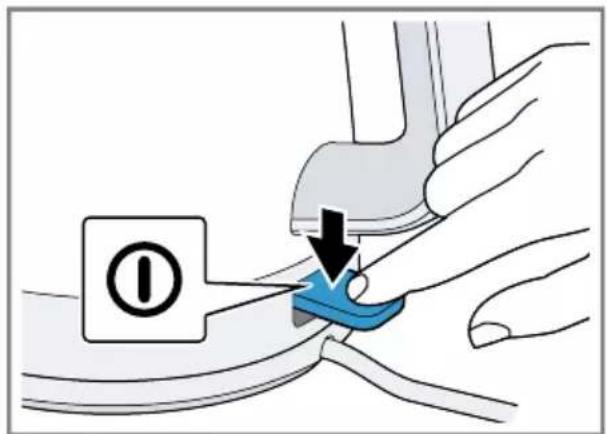Diagram showing a hand holding a blue clip with an arrow indicating a step, labeled with a circled number 1 and a black downward arrow.