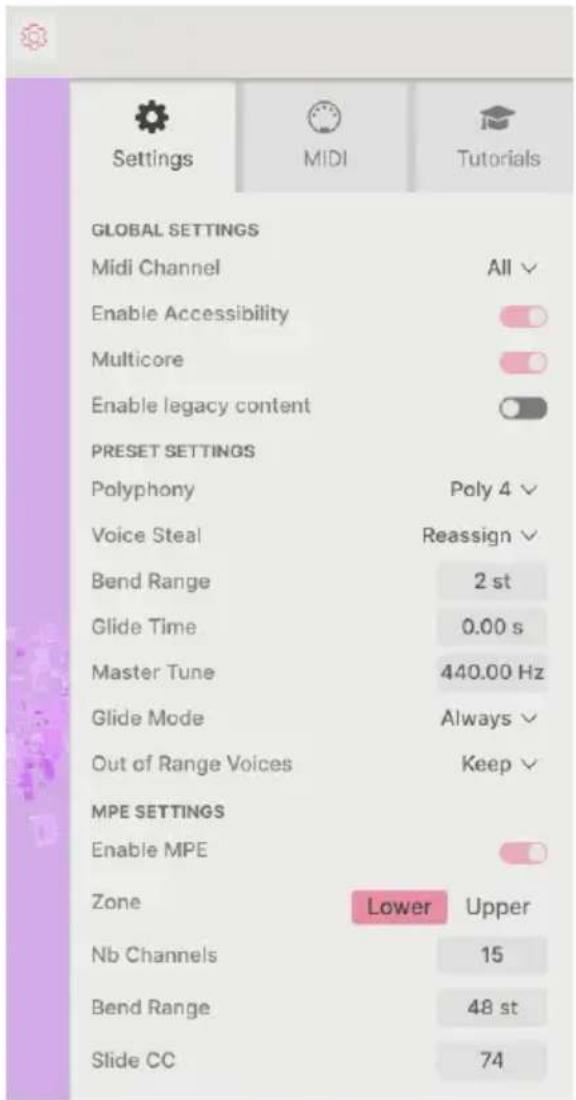 Arturia Augmented WOODWINDS - Onglet Settings - 1