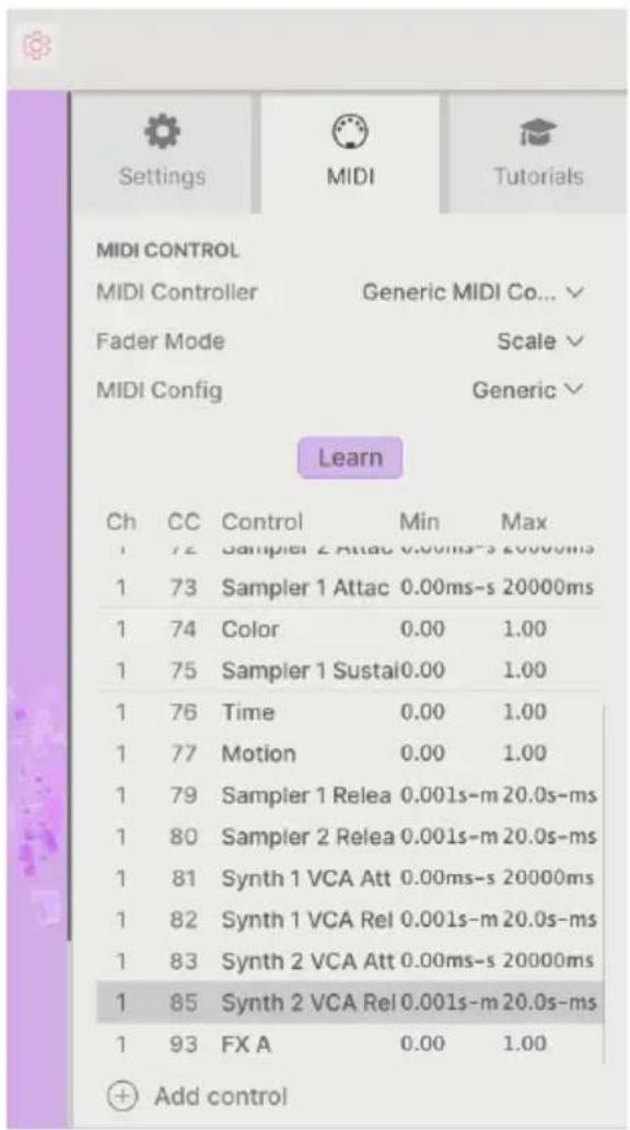 Arturia Augmented WOODWINDS - Onglet MIDI - 1