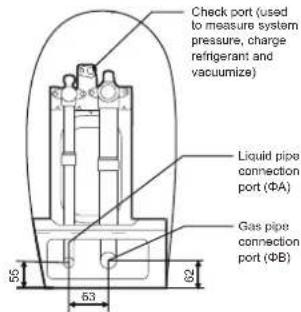 Check port (used to measure system pressure, charge refrigerant and vacuumize) Liquid pipe connection port (ΦA) Gas pipe connection port (ΦB) 55 62 63