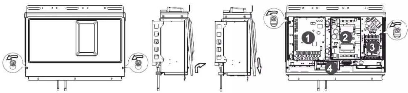 Technical diagram showing four views of an appliance internal structure with labeled components and directional arrows indicating assembly or operation.
