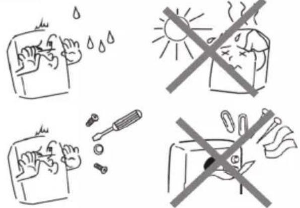 Illustration showing four different workplace safety rules: using a hand to clean, working with a sun, using a tool to clean another, and using a fire extinguisher.