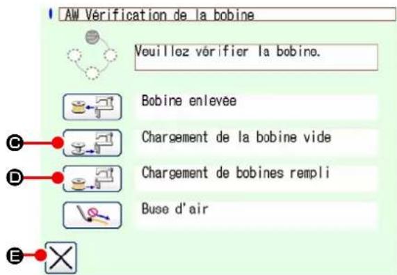 AW Vérification de la bobine Veuillez vérifier la bobino. Bobine enlevée Chargement de la bobine vide Chargement de bobines rempli Buse d'air