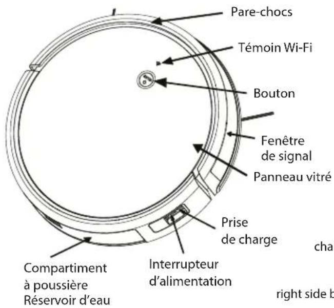 Pare-chocs Témoin Wi-Fi Bouton Fenêtre de signal Panneau vitré Prise de charge Chard Interrupteur d'alimentation Compartment à poussière Réservoir d'eau right side b