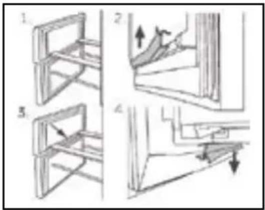 Technical diagram showing four steps of a folding or retraction process with labeled arrows and directional arrows indicating movement.