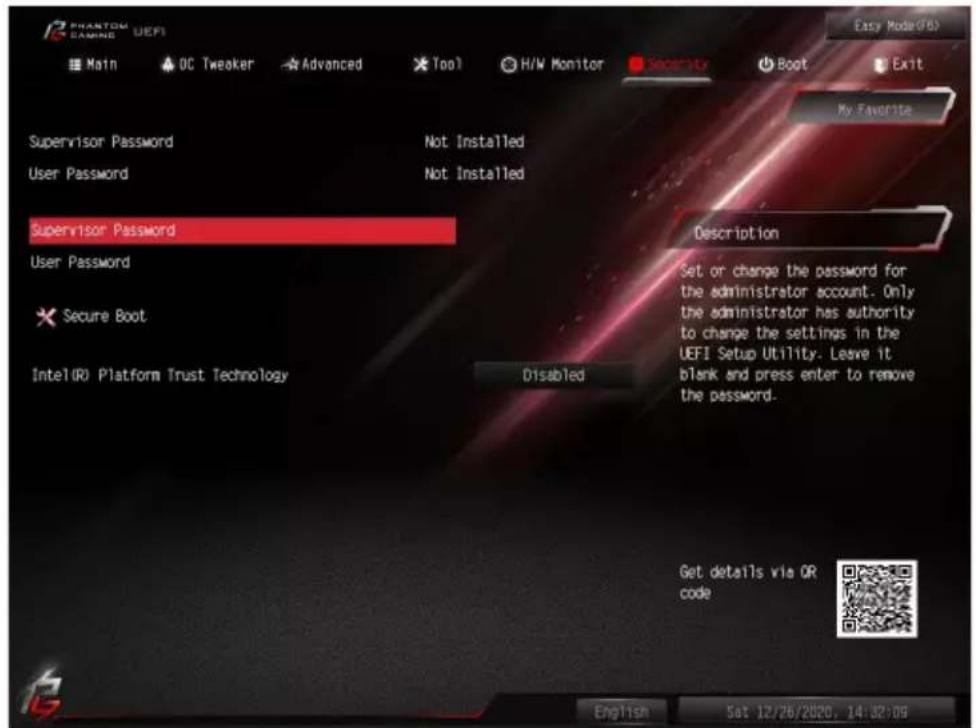 ASROCK B460 Phantom Gaming 4 - Security (セキュリティ) 画面 - 1