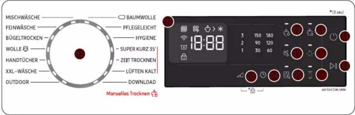 MISCHWÄSCHE FAINWÄSCHE BÜGELTROCKEN WOLLE HANDTÜCHER XXL-WÄSCHE OUTDOOR BAUMWOLLE PFLEGELEICHT HYGIENE SUPER KURZ 35' ZEIT TROCKNEN LÜFTEN KALT DOWNLOAD Manuelles Trocknen 3 150 180 2 90 120 1 30 60 3 (3 sec) 18:00 10 05 07 04 03 02 01 zam Start 3 Sek. halten