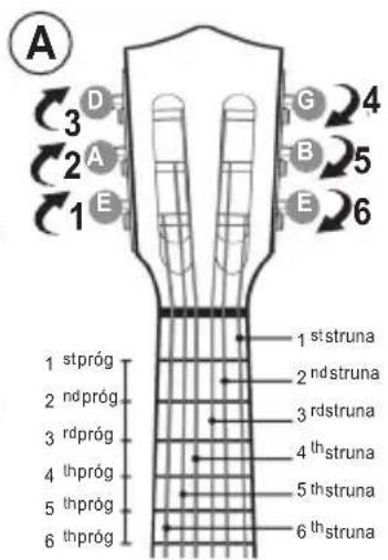 A 3 D 2 A 1 E G 4 B 5 E 6 1 stpróg 2 ndpróg 3 rdpróg 4 thpróg 5 thpróg 6 thpróg 1 st struna 2 nd struna 3 rdstruna 4 th struna 5 th struna 6 th struna