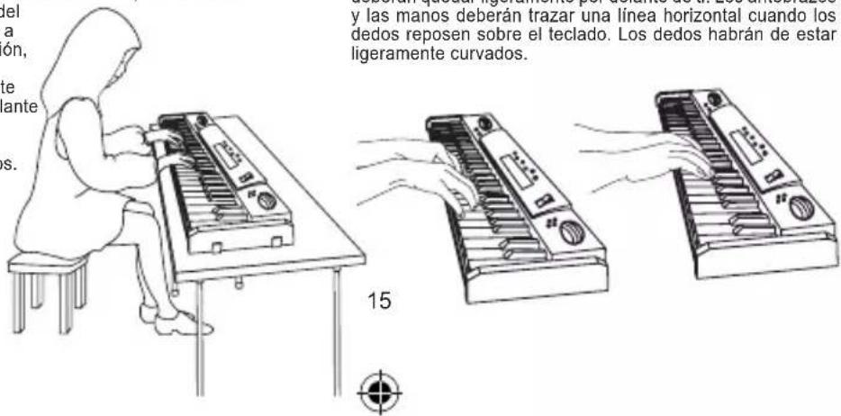 del a ón, te ante s. y las manos deberán trazar una línea horizontal cuando los dedos reposen sobre el teclado. Los dedos habrán de estar ligeramente curvados. 15