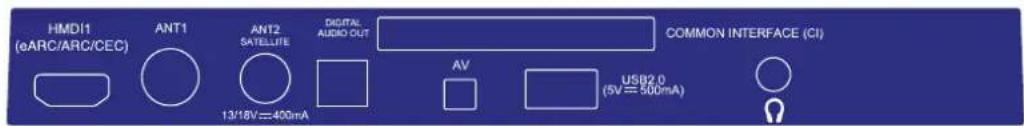 HMDI1 (eARC/ARC/CEC) ANT1 ANT2 SATELLIFE DIGITAL AUDIO OUT COMMON INTERFACE (CI) AV USB2.0 (5V = 500mA)
