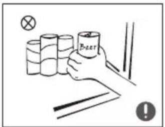 Illustration showing a hand holding beer bottles with a warning symbol and a cross mark, next to stacked bottles and a warning icon.