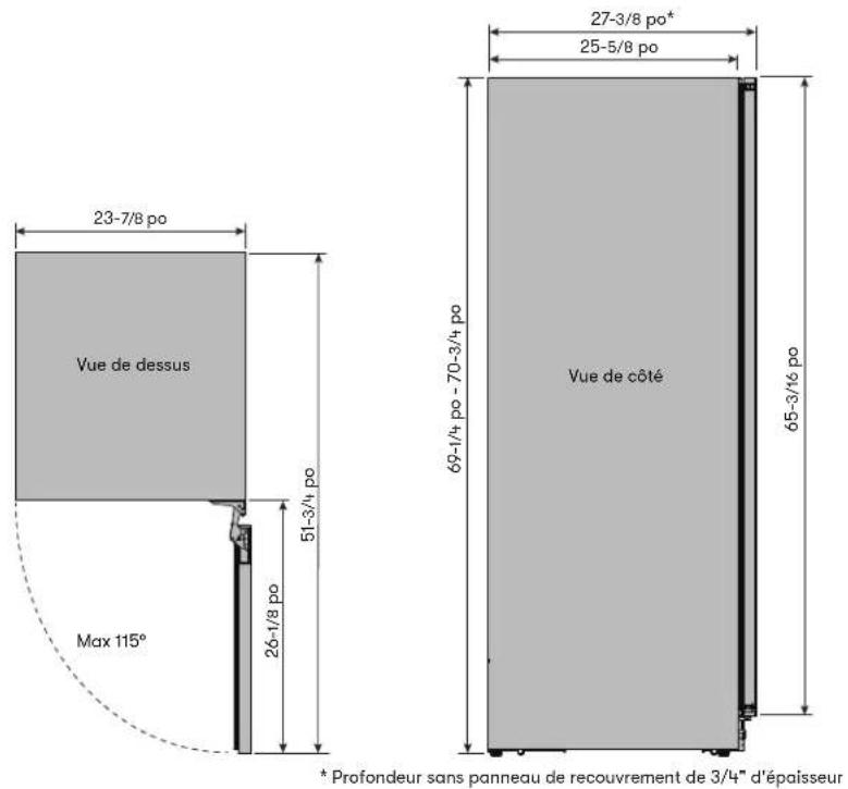 23-7/8 po Vue de dessus 51-3/4 po Max 115° 26-1/8 po 27-3/8 po* 25-5/8 po 69-1/4 po - 70-3/4 po Vue de côté 65-3/16 po * Profondeur sans panneau de recouvrement de 3/4" d'épaisseur