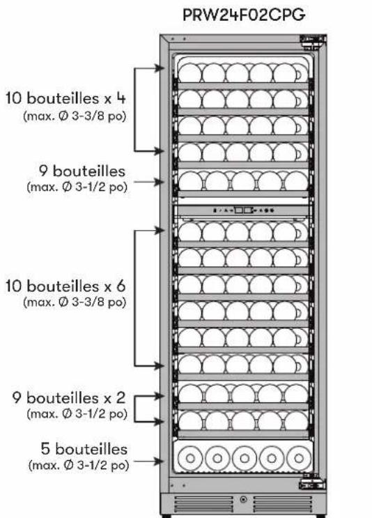 PRW24F02CPG 10 bouteilles x 4 (max. Ø 3-3/8 po) 9 bouteilles (max. Ø 3-1/2 po) 10 bouteilles x 6 (max. Ø 3-3/8 po) 9 bouteilles x 2 (max. Ø 3-1/2 po) 5 bouteilles (max. Ø 3-1/2 po)