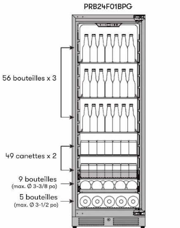 PRB24F01BPG 56 bouteilles x 3 49 canettes x 2 9 bouteilles (max. Ø 3-3/8 po) 5 bouteilles (max. Ø 3-1/2 po)