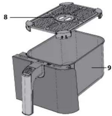 Technical diagram of a mechanical device with labeled parts 8 and 9
