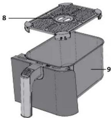 Technical diagram of a mechanical device with labeled parts 8 and 9