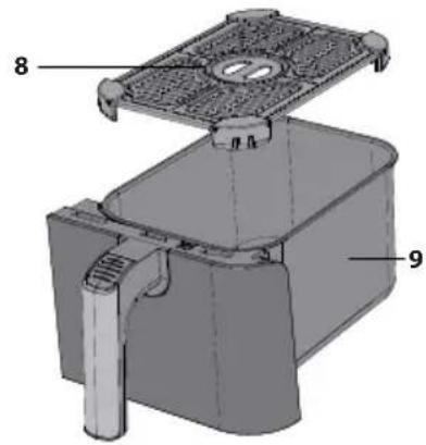 Technical diagram of a mechanical device with labeled parts 8 and 9