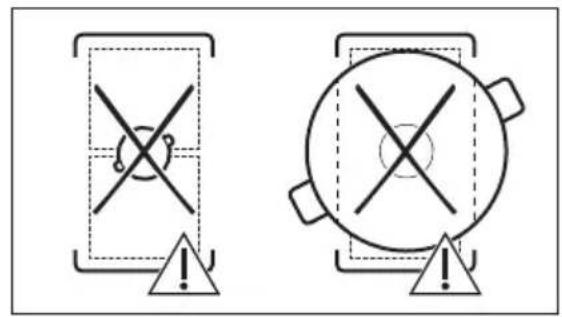 Two warning symbols: a cross symbol on a device and a circle with cross on a pot, both marked with an exclamation mark.