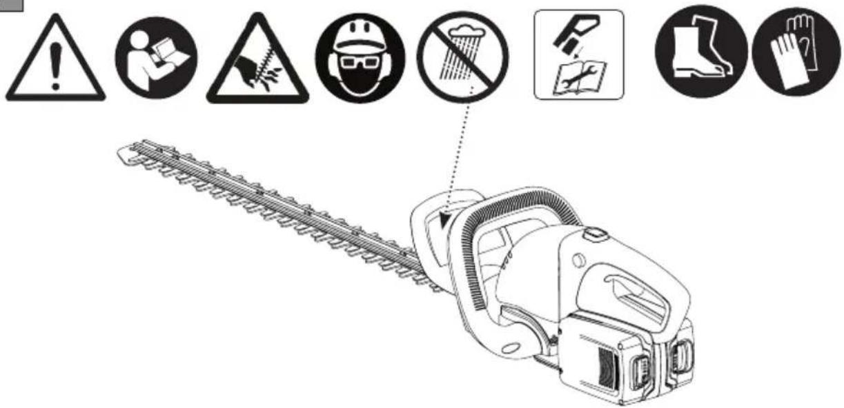 Safety warning icons and diagram showing a hatched tool with hazard symbols and corresponding safety instructions.
