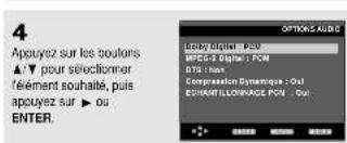 4 Appuyez sur les boutons ▲/▼ pour sélectionner l'élément souhaité, puis apuyez sur ▶ ou ENTER. OPTIONS AUDIO Léo digital - PCU MPEG-3 Digital : PCN BTA : non Compression Dynamique : Oral ECHAINT ILOVRAGE PCN : Our