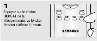 1 Appuyez sur le bouton REPEAT de la télécommande. La fonction Répéter s'affiche à l'écran. SAMSUNG