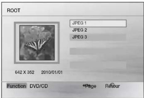 ROOT JPEG 1 JPEG 2 JPEG 3 642 X 352 2010/01/01 Function DVD/CD Page Retour