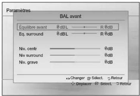 Paramètres BAL avant Équilibre avant 0 dB L —— R 0 dB Eq. surround 0 dB L —— R 0 dB Niv. centr ———————— 0 dB Niv. surround ———————— 0 dB Niv. grave ———————— 0 dB Changer Select Retour Déplacer Select Retour