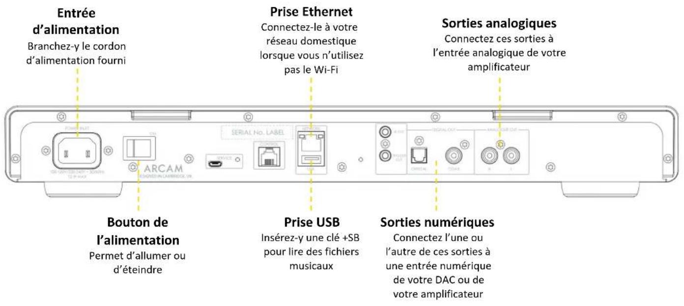 Entrée d'alimentation Branchez-y le cordon d'alimentation fourni Prise Ethernet Connectez-le à votre réseau domestique lorsque vous n'utilisez pas le Wi-Fi Sorties analogiques Connectez ces sorties à l'entrée analogique de votre amplificateur Bouton de l'alimentation Permet d'allumer ou d'éteindre Prise USB Insérez-y une clé +SB pour lire des fichiers musicaux Sorties numériques Connectez l'une ou l'autre de ces sorties à une entrée numérique de votre DAC ou de votre amplificateur