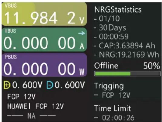 VBUS 11.984 2 v IBUS 0.000 00 A PBUS 0.000 00 W D 0.600V D 0.600V FCP 12V HUAWEI FCP 12V —— NA ——— NRGStatistics - 01/10 - 30Days - 00:00:59 - CAP:3.63894 Ah - NRG:19.2169 Wh Offline 50% Triggering - FCP 12V Time Limit - 02:00:26