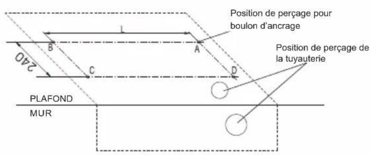 Position de perçage pour boulon d'ancrage Position de perçage de la tuyauterie 240 B A C D PLAFOND MUR