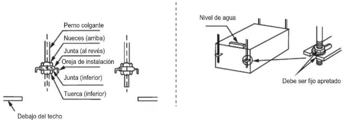 Perno colgante Nueces (arriba) Junta (al revés) Oreja de instalación Junta (inferior) Tuerca (inferior) Debajo del techo Nivel de agua Debe ser fijo apretado