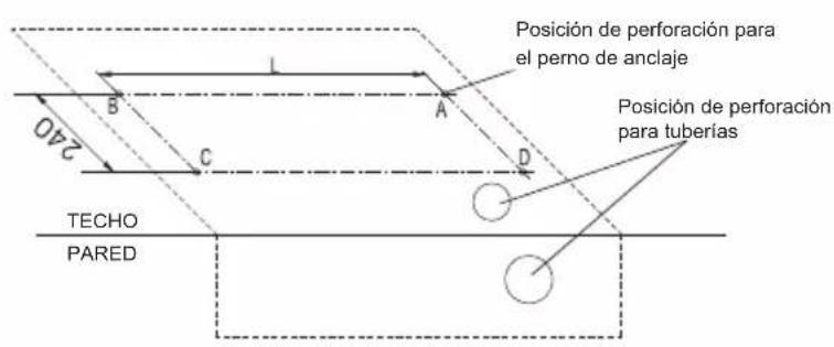 Posición de perforación para el perno de anclaje Posición de perforación para tuberías TECHO PARED