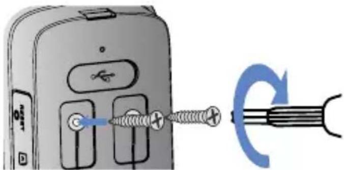Diagram showing a device with screwdriver and cable, illustrating the process of connecting to a cable with a blue circular arrow indicating rotation.