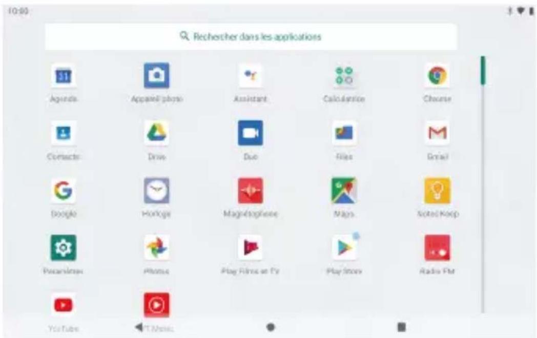 10:00 Rechercher dans les applications Agenda Apparel photo Assistant Calculation Chourse Contacts Drive Duo Files Email Google HotGo Magnesphere Maps Soted Keep Pescendry Phone Play Films on Cy Play Store Radio FM YouTube T Movies