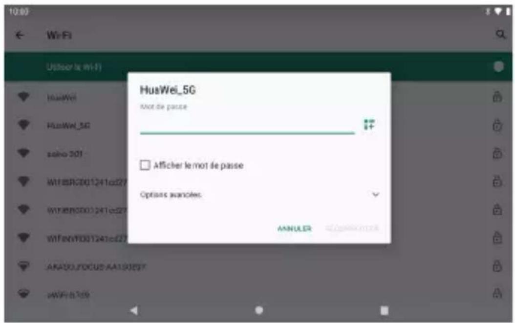 10.03 Wi-Fi Options (e: Wi-Fi) HuaWei_5G Not de passe Afficher le mot de passe Options avancées: ANNULER