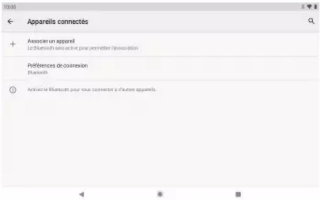 10:00 Appareils connectés + Associer un appareil Le Bluetooth où active pour permettre l'association Préférences de coansexion Bluetooth ① Activé le Bluetooth pour vous connecter à d'autres appareils.