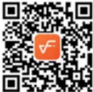 QR code with a central orange logo containing a white checkmark and the letter 'F'